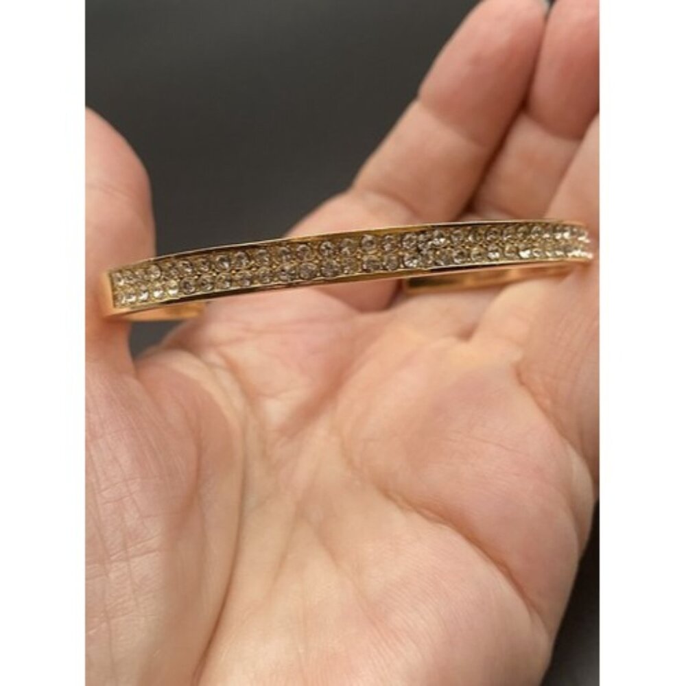 Set 2 Cuff Bracelets Polished Gold Tone Sparkle Rhinestone Love 5.5 & 8 mm 7.5" - Picture 7 of 10